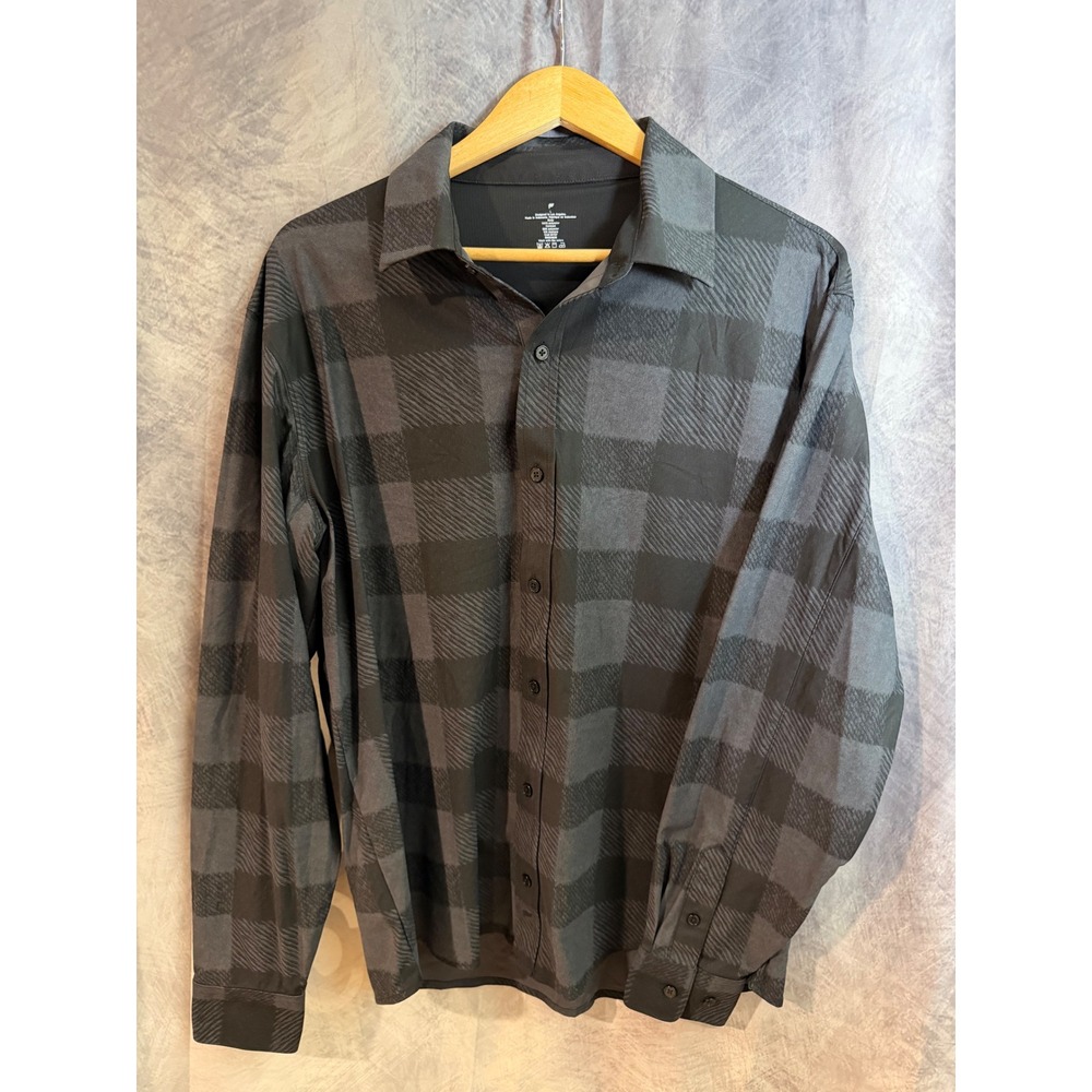 Fabletics Mens Grey Black Buffalo Check Long Sleeve Button Down Shirt Large